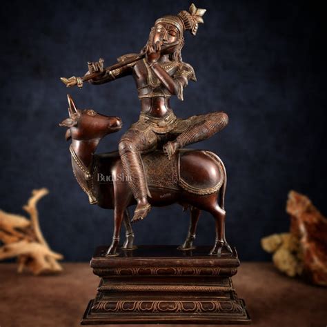 Brass Krishna Seated on Cow Statue Copper tone | 21" – Budhshiv.com