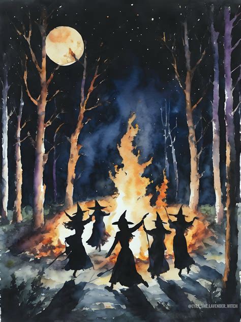 "FIRE DANCE ~ WITCHES Coven Meeting in the Woods ~ 7X5" Altar Print ...