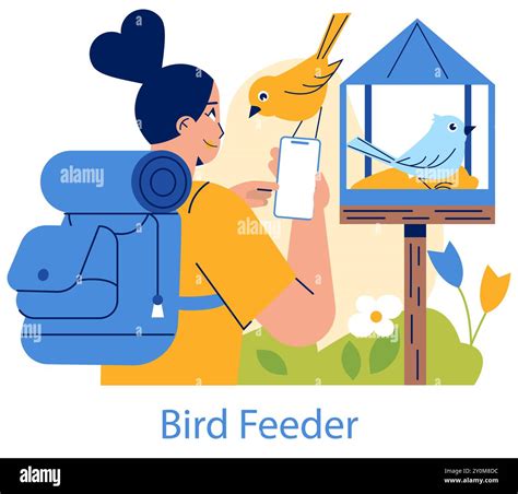 Birdwatching concept. Enthusiast capturing memories of vibrant avian life at a bird feeder ...