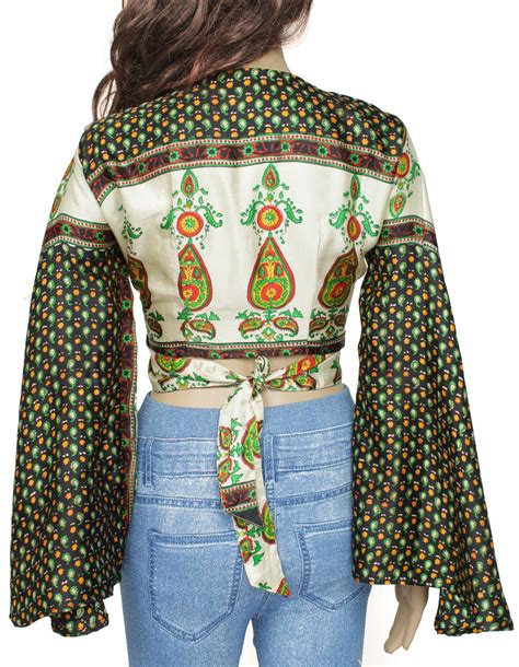 Sushila Vintage Bohemian Bell Sleeve Recycled Silk Saree Top 70,s Retr