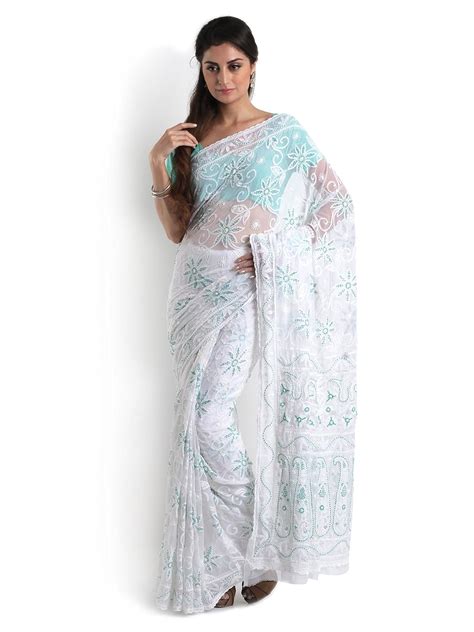Buy White Faux Georgette Saree with Chikankari & Poth work at Amazon.in