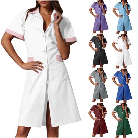 Axiiglly Scrub Dresses for Nurses Plaid Lapel Nursing Dress Stretchy ...