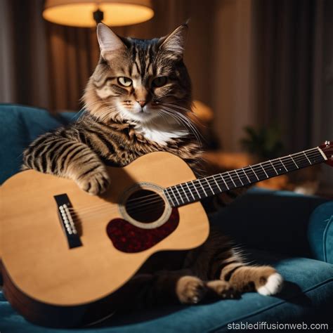 Cat Playing Guitar on Sofa | Stable Diffusion Online