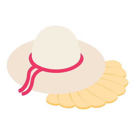 Beach vacation icon isometric vector. White female sun hat and scallop ...