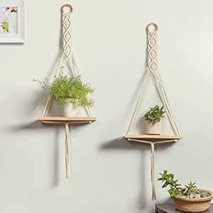 Decazone Macrame Handmade Wall Shelf Cotton Cord Pine Wooden Hanging ...