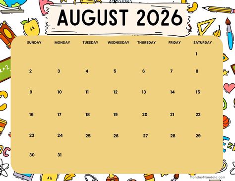 Cute August Calendar 2026 Printable