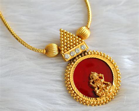 Gold tone kerala style red-white lakshmi round necklace dj-43226 ...