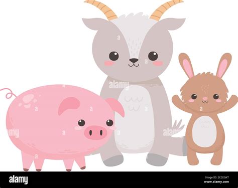 cute little rabbit goat and pig grass cartoon animals vector ...