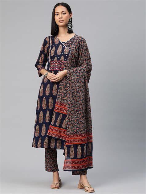Straight Style Cotton Fabric Navy Blue Color Floral Printed Kurti With ...