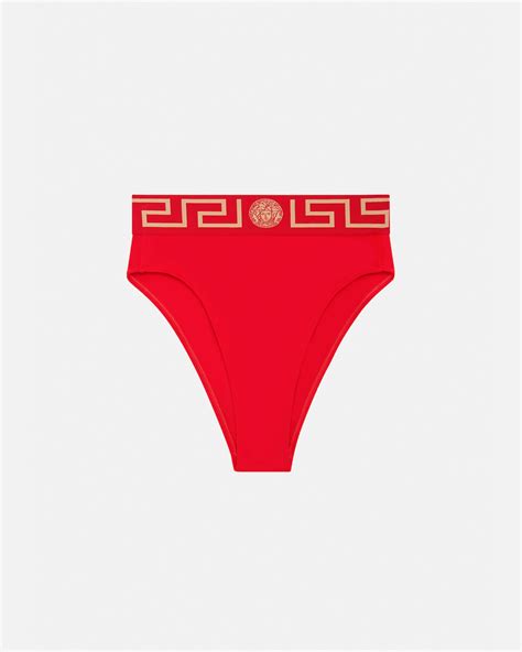 Greca Border High Waist Bikini Bottoms Red | VERSACE US