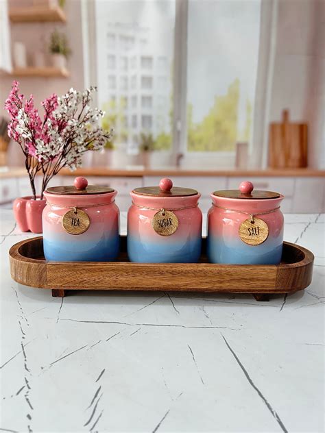 Peacock Pink Airtight Matka Tea , Sugar, Salt, Solid Ceremic Canisters ...