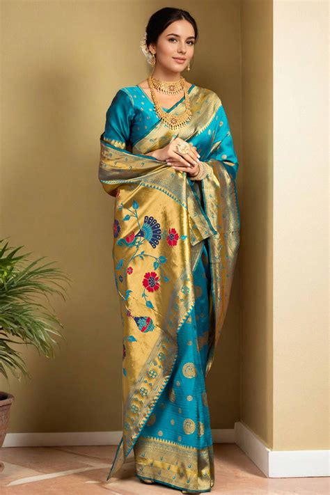 Blue Paithani Silk Blend Saree Embellished With Zari Peacock & Floral