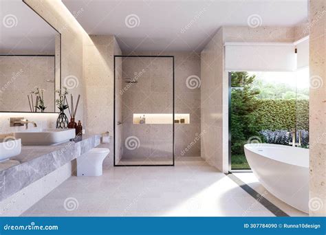 Minimal Style Modern Luxury Bathroom with Nature View 3d Render Stock ...