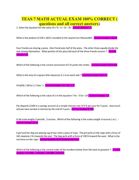 TEAS 7 MATH ACTUAL EXAM 100% CORRECT ( questions and all correct ...