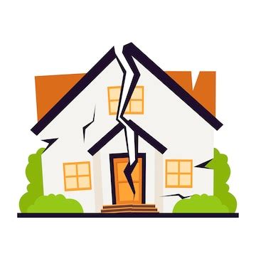 Broken house damaged by earthquake isolated on white background ...