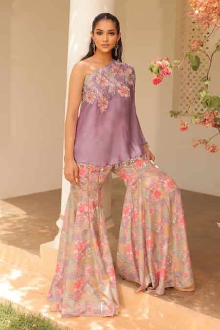 Buy Lilac Crepe, Organza Embroidery, Sequins One Shoulder Kaftan Tunic ...