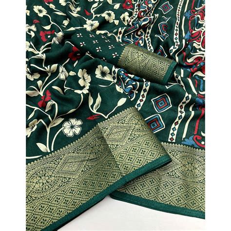 Green Floral Printed Georgette Saree With Woven Border