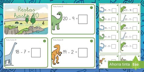 Tarjetas de desafío: Restas hasta 20 - Dinosaurios - Twinkl