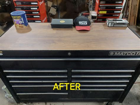 Before and after using laminate flooring for my tool box top : r/Tools