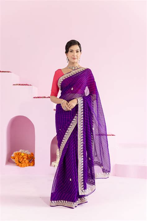 Pure Georgette 40 Gsm Blue Leheriya Mothda Gota Patti Work Saree