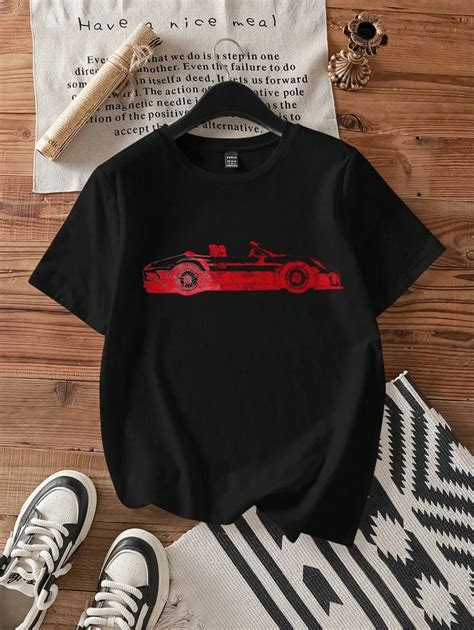 SHEIN EZwear Casual Red Car Print Graphic White Loose Fit Round Neck ...