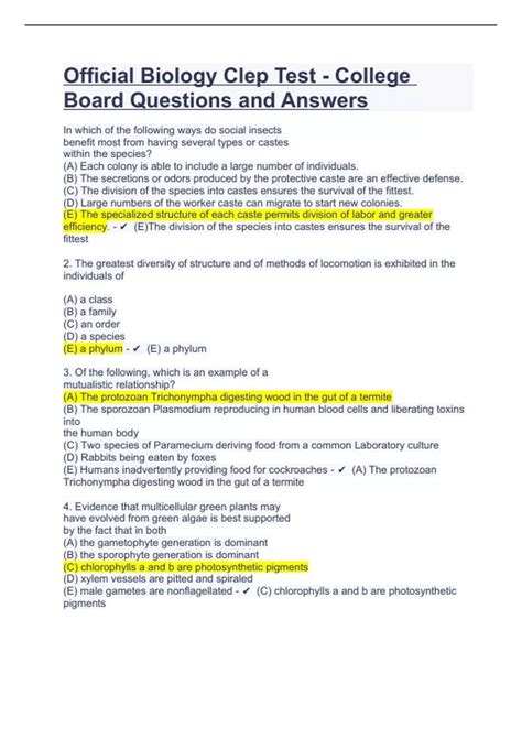 Official Biology Clep Test - College Board Questions and Answers ...
