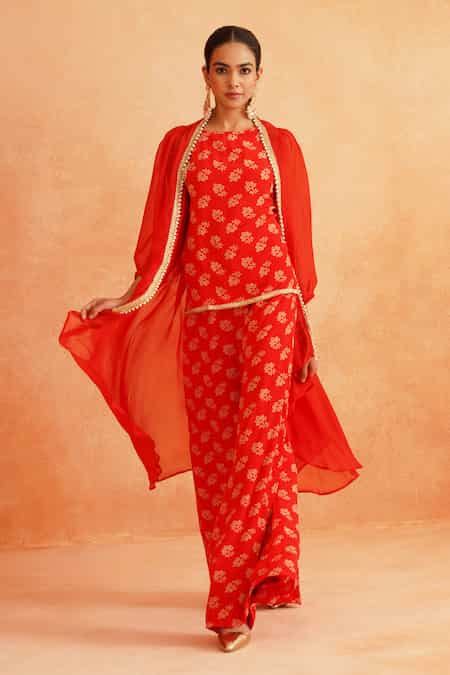 Buy Red Chanderi, Crepe Lace Round Neck Veda Floral Print Top Pant Set ...