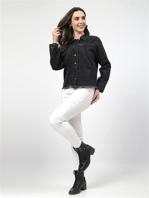 Black Front Cross Pocket Denim Jacket with Intricate Embroidery