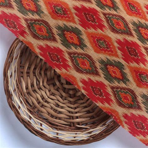 Digital Printed Cotton Fabric Red, Orange, Green Ikat Pattern ...
