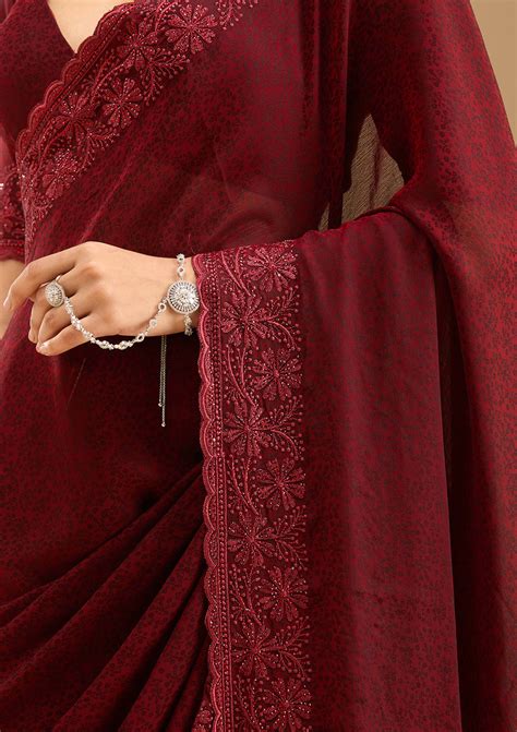 Buy Dark Maroon Threadwork Chiffon Saree - Koskii
