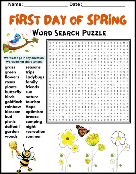 FIRST DAY OF SPRING VOCABULARY Word Search Puzzle Worksheet Activity ...