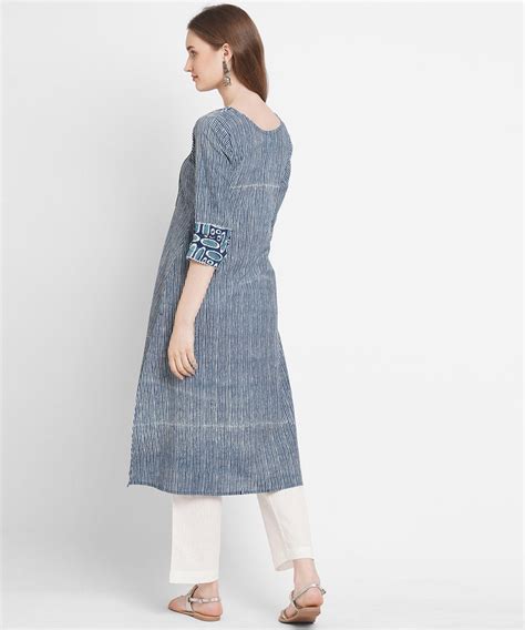 Indigo striped handprint mirror embroidery cotton kurti – GoSwadeshi