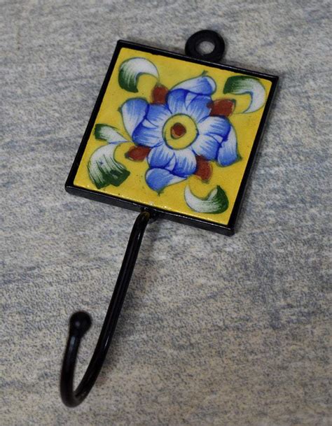Blue Pottery Tile Hook 2x2 Yellow Base with Blue Florals – NEERJA ...