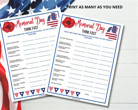 Memorial Day Think Fast,memorial Day Games,quick Think,memorial Day ...