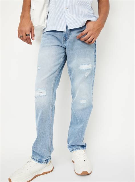 Men Washed Distressed Straight Fit Jeans | Blue | Jeans
