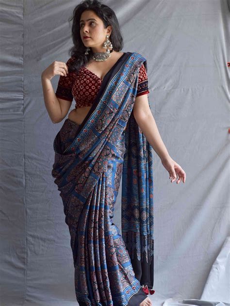 Shop Ajrakh Hand Block Printed Cotton Sarees