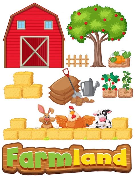 Set of farm items and many animals | Free Vector