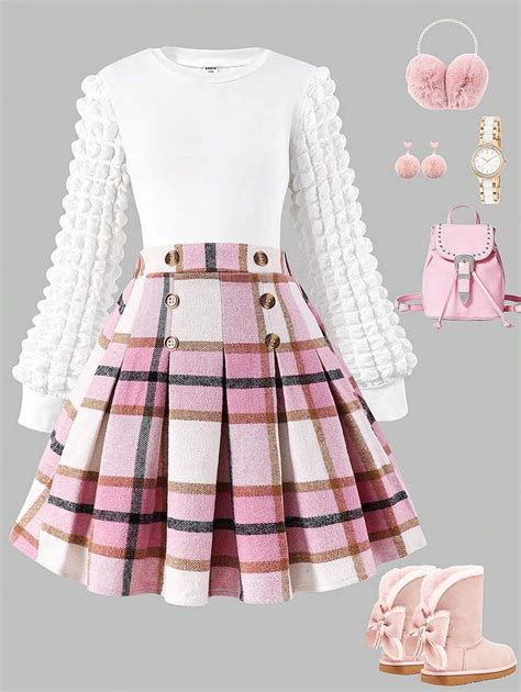 Conjunto de 2 peças com Top de Manga Bufante e Mini Saia Xadrez para ...