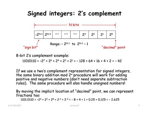 Airthmatic - Lecture notes 1-7 - Signed integers: 2’s complement -2N-1 ...