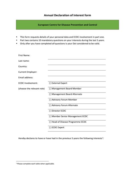 Fillable Online Annual Declaration of Interest form - ECDC Fax Email ...