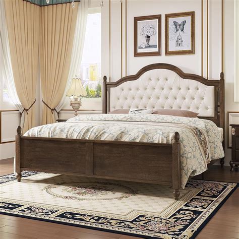 VanAcc King Solid Wood Bed Frame with Upholstered Headboard, No Box ...
