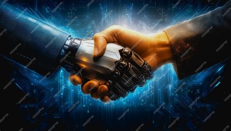 Human and robotic handshake symbolizing technology collaboration with a digital background ...