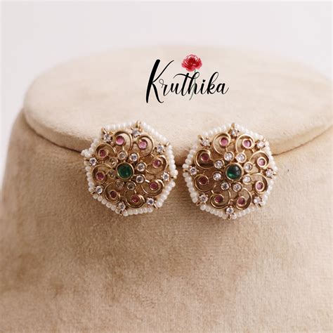 Simple Antique Kemp Floral Studs with Pearl Border E639 – Kruthika ...
