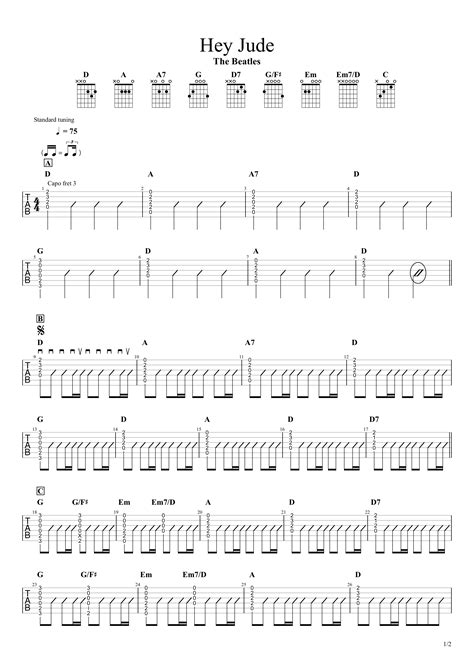 Hey Jude／The Beatles【無料ギターTAB譜（free guitar tabs）】カポあり簡単コードアレンジVer ...