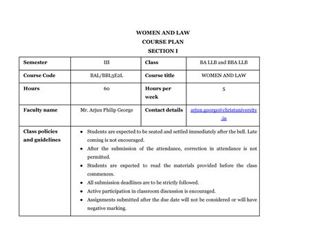 Course plan - WOMEN AND LAW COURSE PLAN SECTION I Semester III Class BA ...