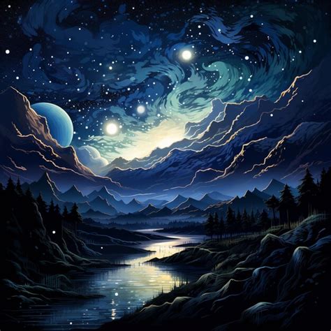 Starry night sky with a lake and mountains in the foreground ai ...