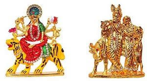 Kanhagift Set of 2 Goddess Durga Devi Statue & Lord Radha Krishna & Cow ...