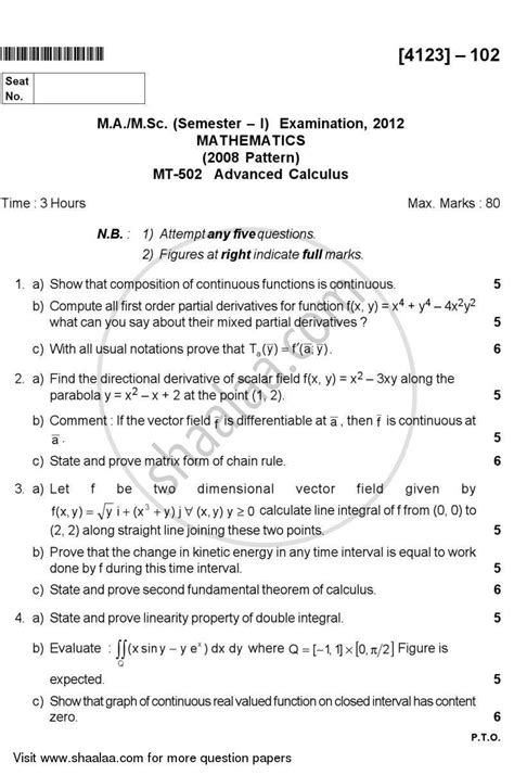 Advanced Calculus 2011-2012 M.Sc Mathematics Semester 1 question paper ...