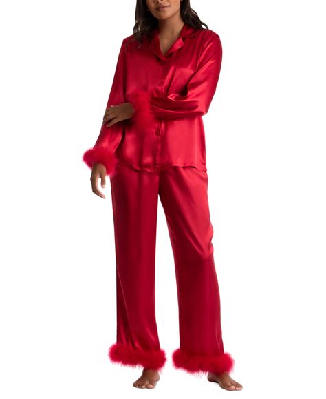 Linea Donatella Women's Marabou Feather Satin Pajama Set In Red | ModeSens