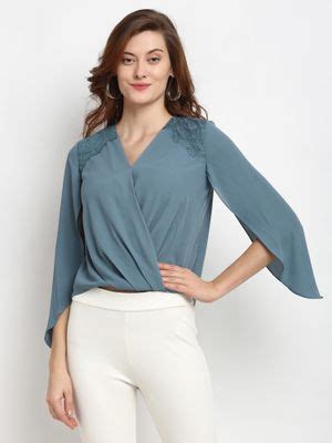 Buy Gipsy Dusky Blue Medium Length V-Neck Polyester Blouse Online